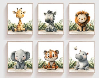 Digital Safari Nursery wall art prints, Safari Nursery art, Baby animal prints, Nursery artwork, kids room wall art, Set of 6, H3194