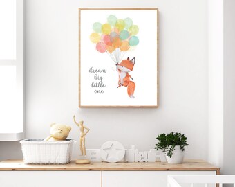 Watercolor FOX WALL ART, Fox Nursery Decor in Prints, fox with bunch of balloons, Girls or Boys Bedroom Decor, Fox Print  - H1342