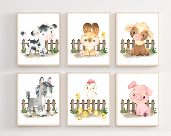 Láminas para guardería de animales de granja, acuarela de animales de granja, arte mural de animales de granja, juego de 6 láminas, Baby Farm, descarga digital