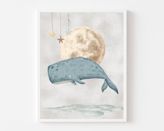 May include: Watercolor illustration of a blue whale leaping in front of a large, tan moon. The artwork features hanging stars and soft, muted colors, creating a whimsical and dreamy aesthetic. The image is framed in a white border.