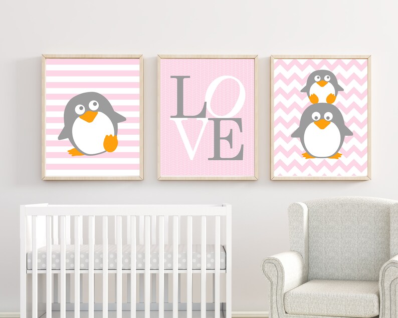 Penguin Nursery Art Print Baby Girl Pink And Grey Penguins Love Wall Girls Bedroom Decor Set Of 3 Prints H159
