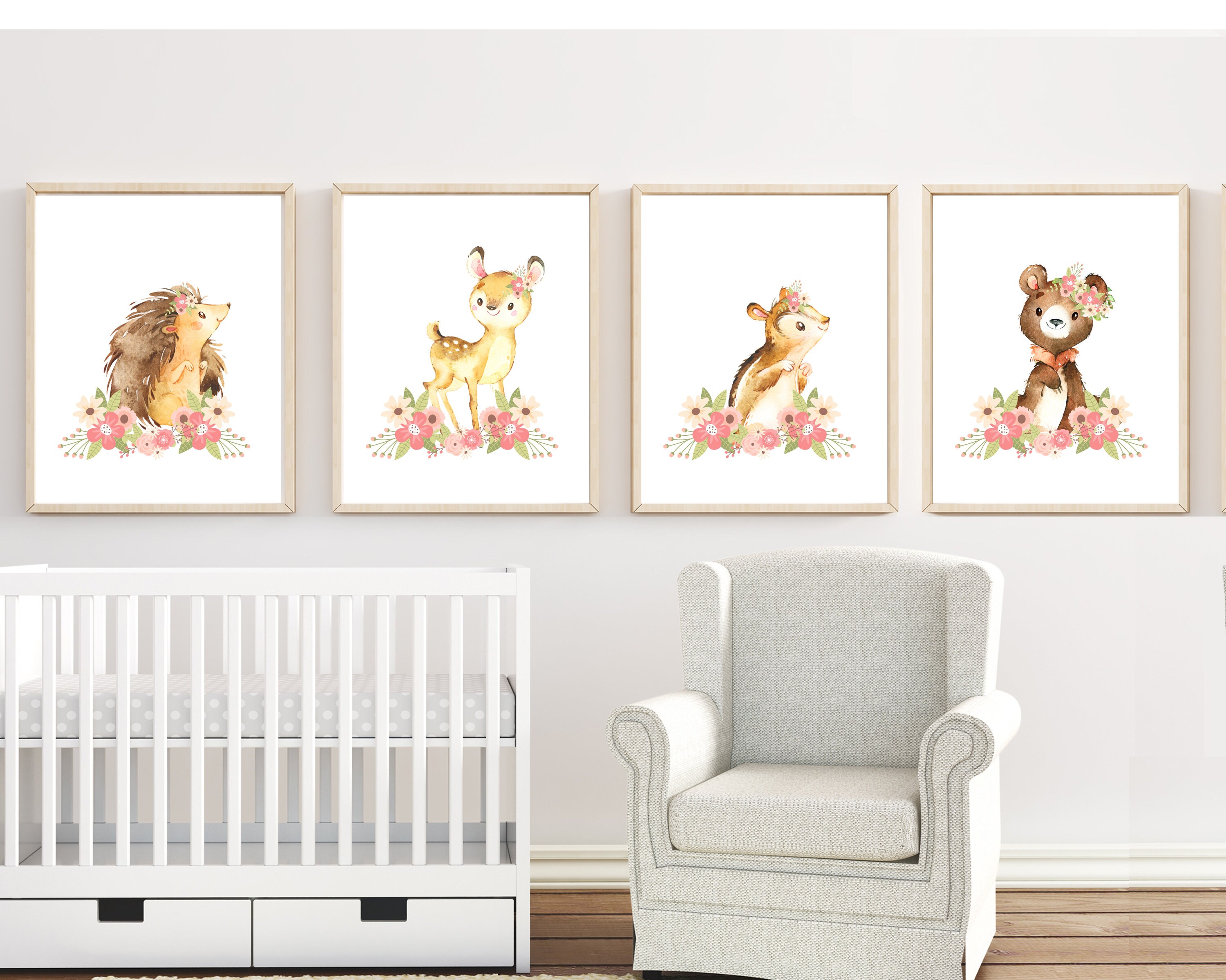 Woodland nusery girl Pink Woodland nursery art prints Baby | Etsy