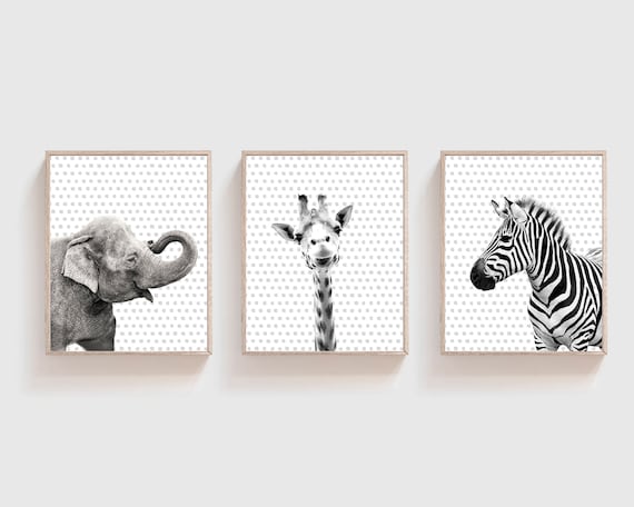 Animal Safari Black & White Children's Set Picture Nursery Print Gift UNFRAMED 