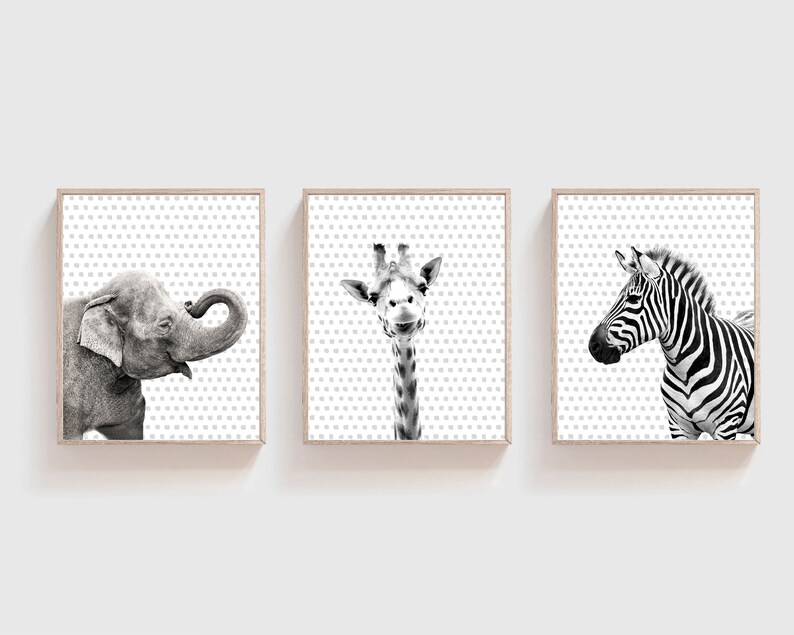 Black and White Safari Animals, Nursery Art Print Set, Black and White ...