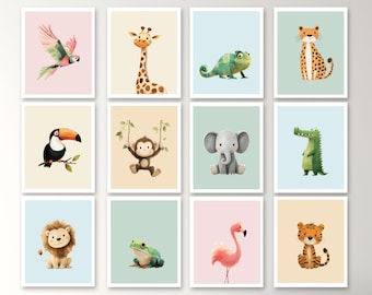May include: A collection of twelve framed watercolor animal prints. The prints feature various animals, including a parrot, giraffe, chameleon, leopard, toucan, monkey, elephant, crocodile, lion, frog, flamingo, and tiger. Each animal is depicted on a pastel background.