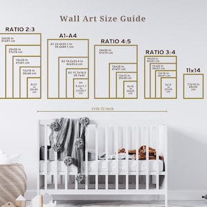 May include: Wall art size guide with dimensions in inches and centimeters. Displays various aspect ratios, including 2:3, 4:5, and 3:4, with sizes like 24x36 inches (61x91 cm) and 16x20 inches (41x51 cm). A crib is shown below the guide.