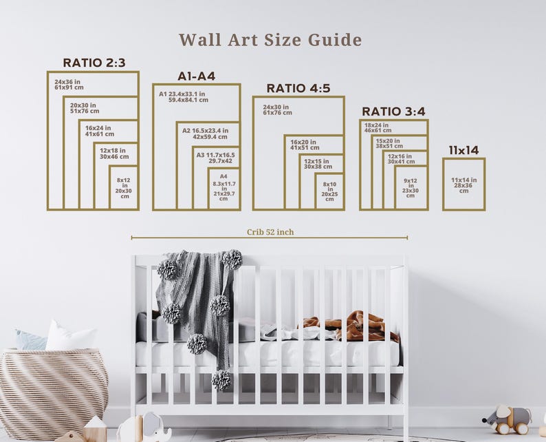 May include: Wall art size guide with dimensions in inches and centimeters. Displays various aspect ratios, including 2:3, 4:5, and 3:4, with sizes like 24x36 inches (61x91 cm) and 16x20 inches (41x51 cm). A crib is shown below the guide.