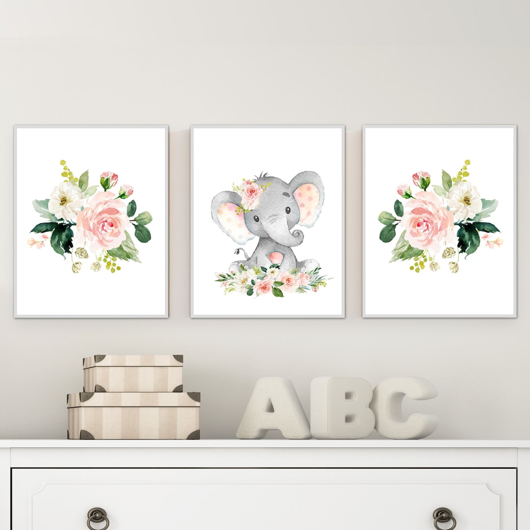 Pink Floral Elephant Wall Art Watercolor Elephant Print Blush Pink Wall