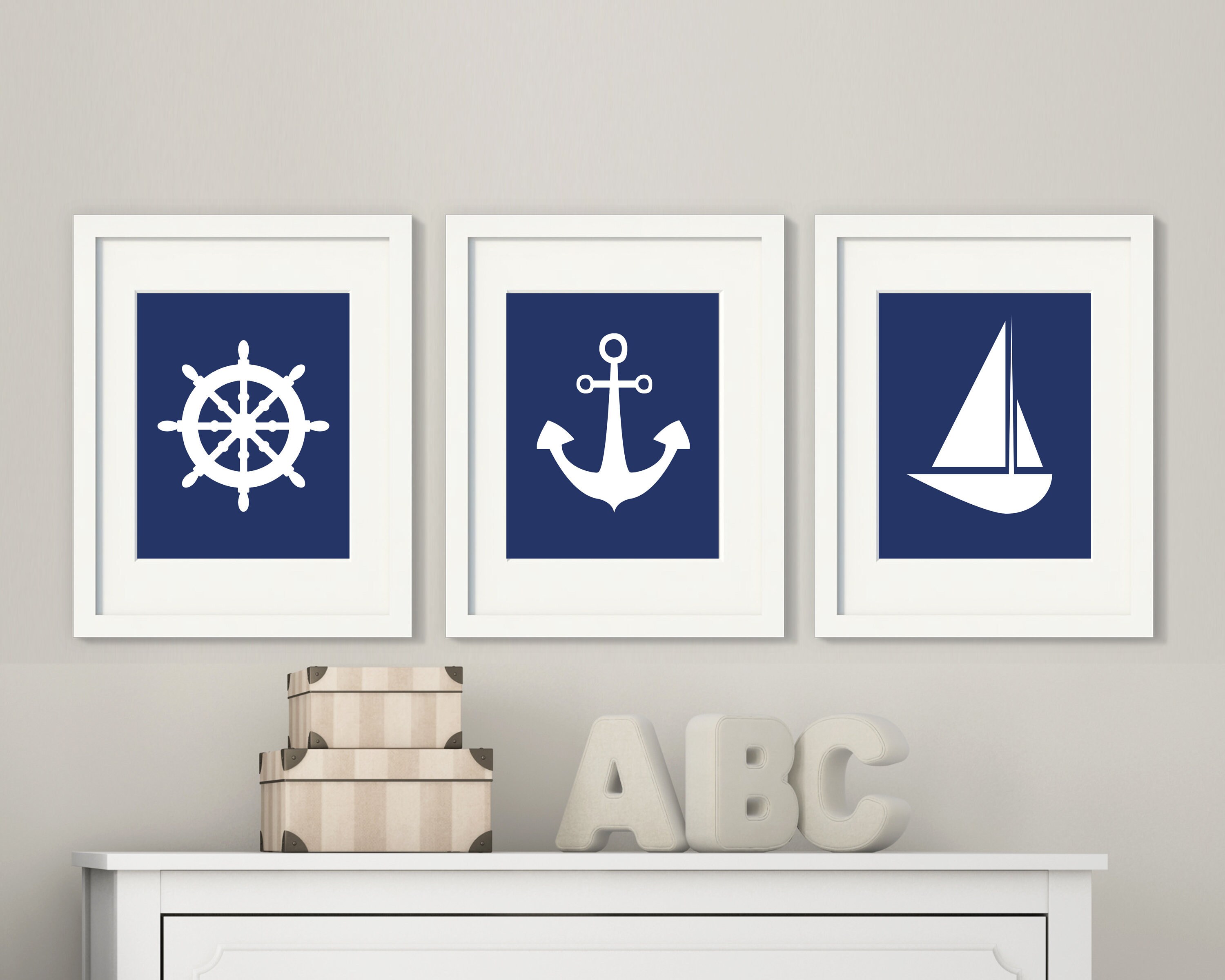 Anchor Sailboat Wall Art,  Nautical Wall Art, Suits Navy and White Bedroom Decor, Nautical Decor Includes Anchor, Sailboat, Ships Wheel H607