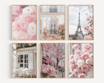 May include: Set of six framed prints featuring Parisian scenes with pink flowers. The prints include a close-up of pink flowers, a Parisian building with a balcony, the Eiffel Tower, a street scene with pink cherry blossoms, a cafe with pink flowers, and a bouquet of pink flowers.