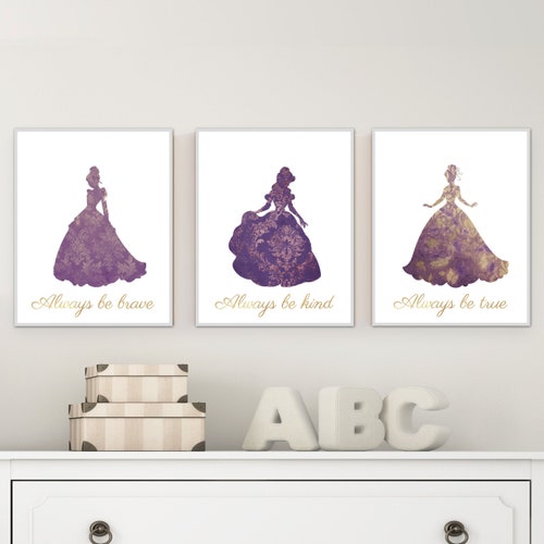 Princess Wall Decor Princess Print Set Purple Girls Wall Etsy