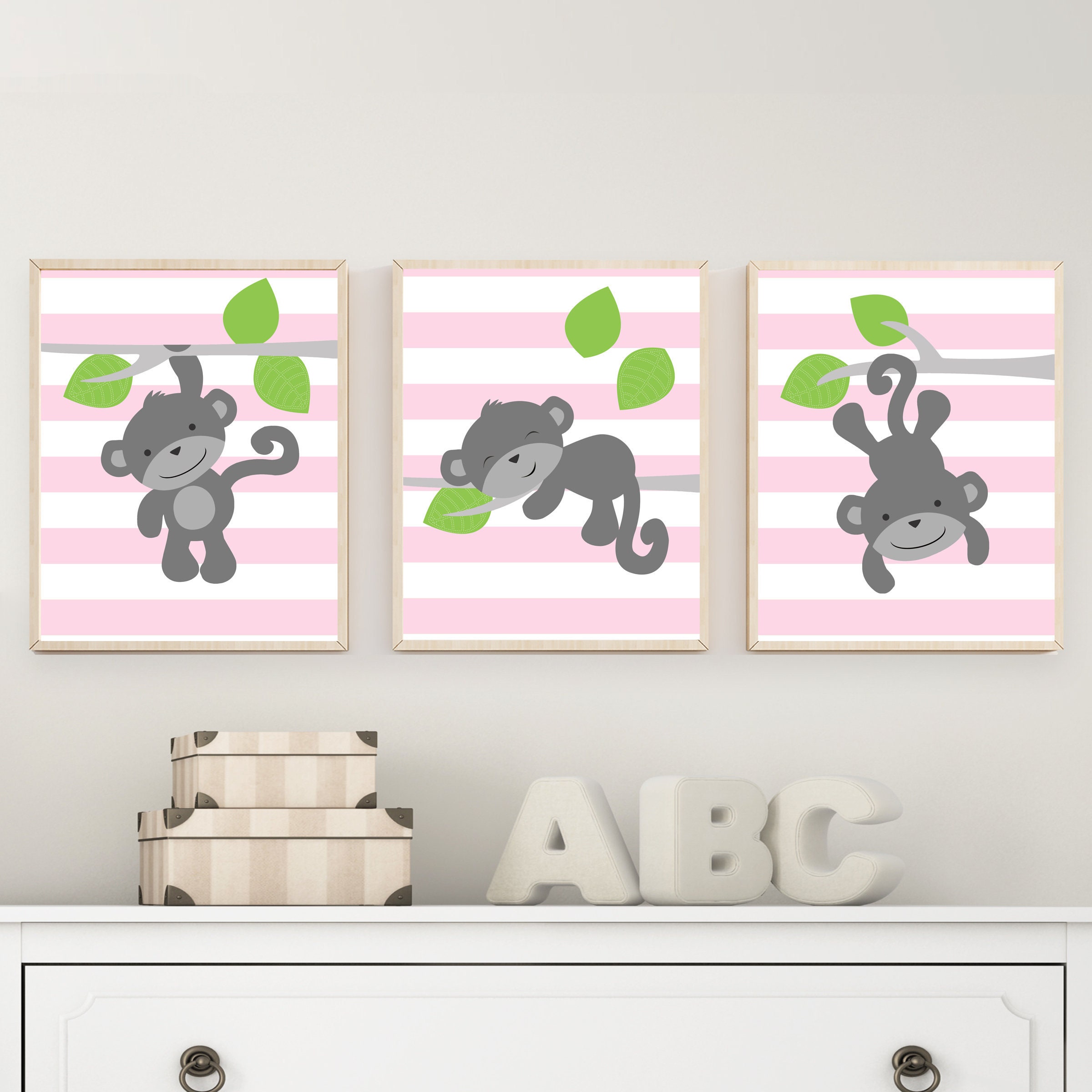 Baby Monkey Wall Art Prints Suits Pink And Gray Decor Girl Nursery Set Of 3 H442