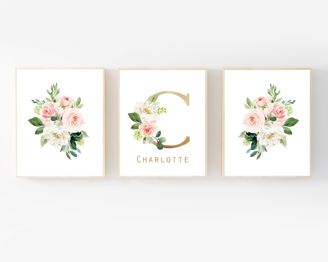 Floral Name Print - Blush Pink and Gold Wall Art - Floral Initial ...