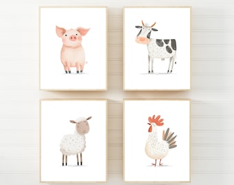 Farm Animal art prints, Farm Nursery art prints, farm animal themed nursery print, Farm Nursery Decor, Set of 4 gallery prints, H3080