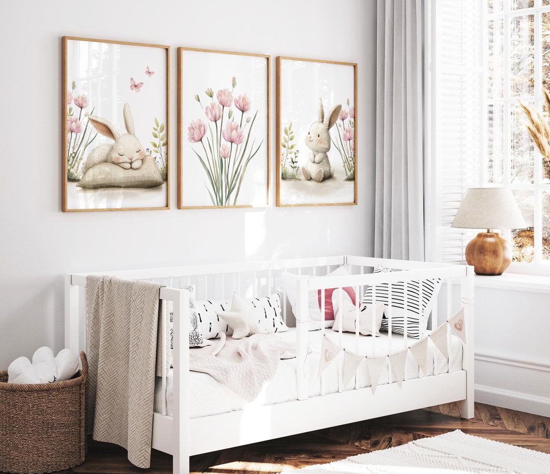 Set of 3 Bunny Nursery Wall Art Prints, Floral Nursery Decor, Rabbit ...