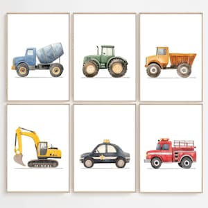 Impressões de caminhões em aquarela, decoração de berçário de construção, arte de parede para quarto de meninos, pôsteres de veículos de transporte de sala de jogos, download instantâneo, H3187