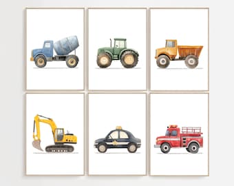 Watercolour Trucks Prints, Construction Nursery Decor, Boys Room Wall Art, Playroom Transport Vehicles Posters, Instant Download, H3187