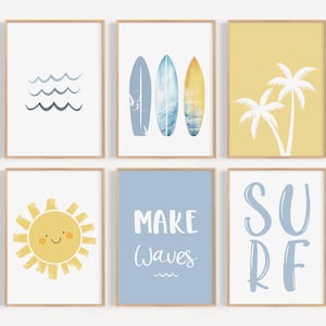 Surfboard Wall Art, Surf Nursery, Surf Nursery Decor, Ocean Theme Nursery, Sun and Sea Print, Surfboard Print, gift for boys, H3046