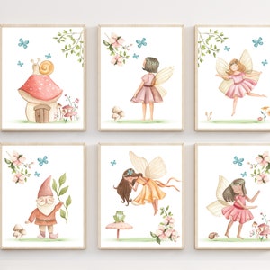 May include: Set of six watercolor illustrations featuring fairies, a gnome, and a mushroom house. The illustrations are in a whimsical style with pastel colors and delicate details.