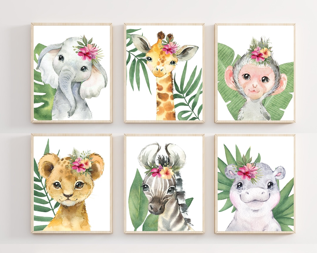 Safari Baby Animals - Girl Safari Nursery - Set of 6 Prints - Baby ...