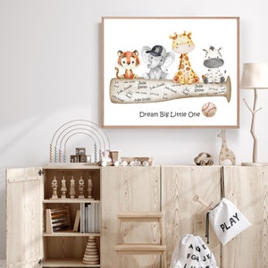 May include: A watercolor illustration of a baseball bat with a tiger, elephant, giraffe, and zebra sitting on it. The bat has the words "Dream Big Little One" written on it. There is a baseball on the bat.