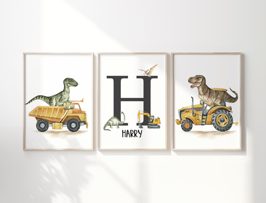 Custom Dinosaur Nursery Wall Art Poster, Personalized Initial Name Kids ...