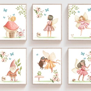 May include: Set of six watercolor illustrations featuring fairies, a gnome, and a mushroom house. The illustrations are in a whimsical style with pink, yellow, and blue colors.