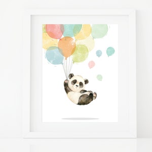 May include: A watercolor illustration of a panda bear holding onto colorful balloons. The panda is wearing a black and white fur coat and has a cute, smiling face. The balloons are in shades of yellow, orange, pink, blue, and green.