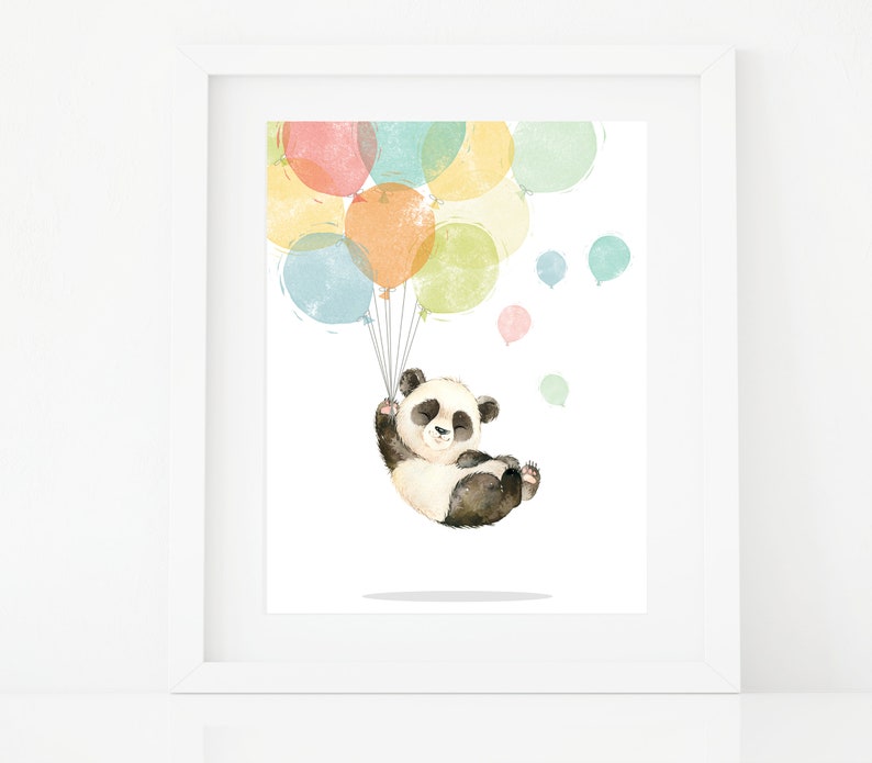 May include: A watercolor illustration of a panda bear holding onto colorful balloons. The panda is wearing a black and white fur coat and has a cute, smiling face. The balloons are in shades of yellow, orange, pink, blue, and green.