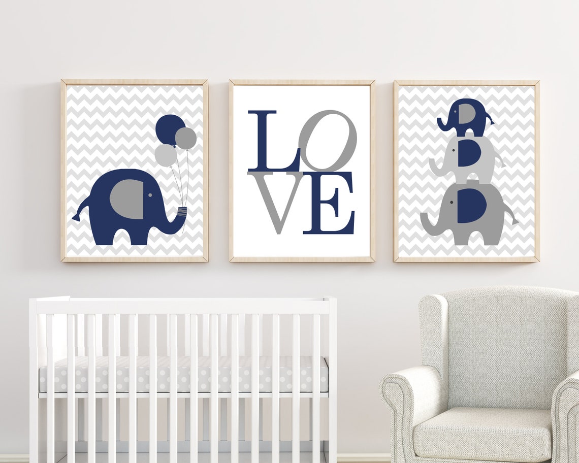 Baby Elephant Nursery Wall Art. Baby Boy Nursery Art. Suits Navy and ...