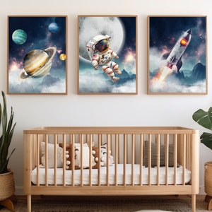 宇宙飛行士をテーマにした保育園の装飾プリント、宇宙保育園アート、宇宙をモチーフにしたプリント可能な壁アート、宇宙服、ロケット船、太陽系、H3038