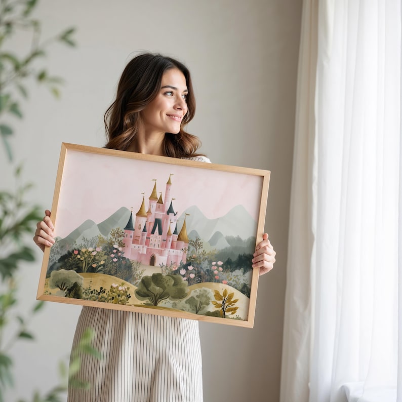 May include: A framed watercolor print of a pink castle with gold turrets, set against a backdrop of green hills and a soft pink sky. The artwork is in a light wooden frame.