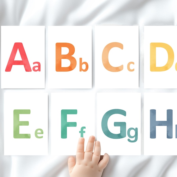 Tarjetas imprimibles del alfabeto para niños pequeños – Arte mural con acuarela del abecedario – Tarjetas de aprendizaje para bebés – Decoración educativa preescolar Montessori