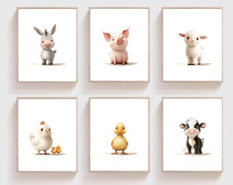 Farm Animals Nursery Decor, Set of 6 Digital Prints for Wall Art, Adorable Nursery Farm Animals Wall Art, Instant Digital Prints,  Farmyard