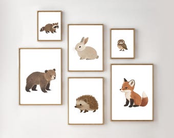 Woodland Animal Nursery Prints – Set of 6 Baby Animal Wall Art – Rustic Digital Download for Kids Room Decor - Animal Wall Art, H3303
