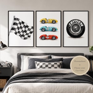 Juego de 3 láminas personalizadas de coches de carreras, decoración para dormitorio infantil con temática de coches, láminas de carreras vintage, láminas para sala de juegos, arte infantil con temática de coches de carreras, H3654