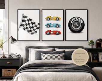 Set Of 3 Personalised Race Car Prints, Boys Car Bedroom Decor, Vintage Racing Prints, Playroom Prints, Race Car Theme Nursery Art, H3654