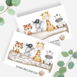 May include: A watercolor illustration of a baseball bat with a tiger, elephant, giraffe, and zebra sitting on it. The bat is decorated with the words "Dream Big Little One" and the year "2023".
