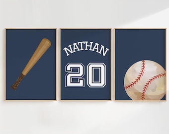 Personalisierte Baseball Wandkunst für Jungen, Benutzerdefinierter Name Druck, Blauer Baseball Zimmer Dekor, Sport Kinderzimmer Printable Set, digitaler Download, H3382