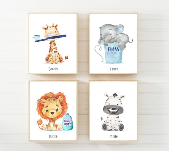 Brush your teeth poster - Printable bathroom art - Teeth prints - Kids bathroom sign - Animal bathroom art -  Bathroom printables - DIGITAL