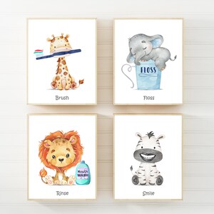 May include: Four watercolor illustrations of animals with text below each image. The first image is a giraffe brushing its teeth with a toothbrush. The text below the image is "Brush". The second image is an elephant sleeping with a blue container that says "Floss" on it. The text below the image is "Floss". The third image is a lion with a bottle of mouthwash. The text below the image is "Rinse". The fourth image is a zebra smiling. The text below the image is "Smile".