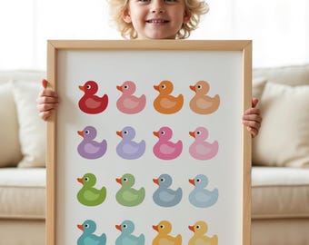 Rainbow Rubber Duck Wall Art – Colorful Bathroom Printable Nursery Decor – 16 colorful ducks in a digital print - Digital Download - H3489