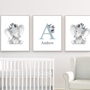 Baby Name Print Elephant Nursery Art Prints Nursery Wall Art Baby Boys Nursery Art Baby Animal Prints Boys Room H1621 image 2