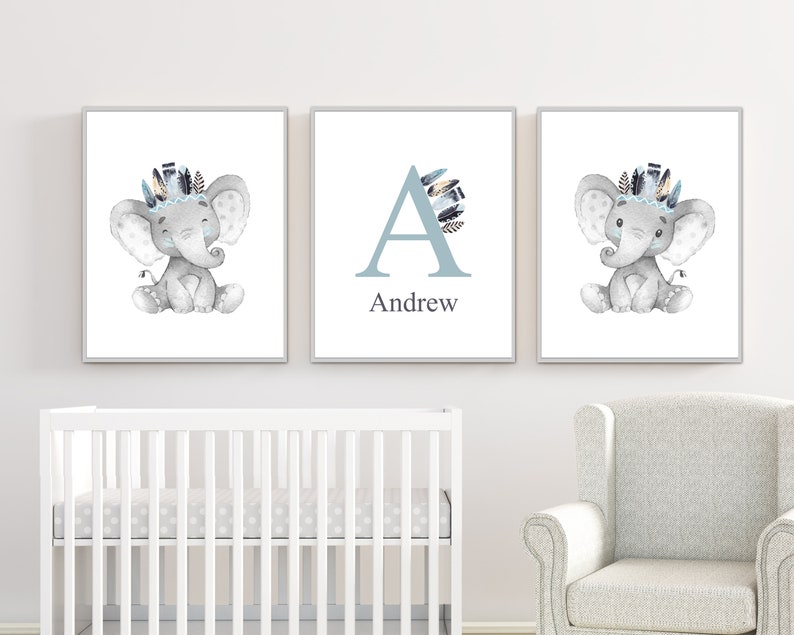 Baby Name Print Elephant Nursery Art Prints Nursery Wall Art Baby Boys Nursery Art Baby Animal Prints Boys Room H1621 image 2