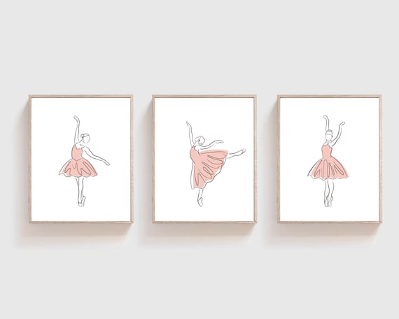 Set of 3 Ballerina Prints - Ballerina printable - Pink Ballerina - Ballerina wall art - Girls bedroom decor - Line art print - Little girl