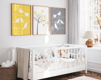 Bird Nursery Wall Art Print, Bird and Trees Wall Art Prints, Yellow Gray Nursery Prints, Baby Wall Art Print and Bedroom Decor H210