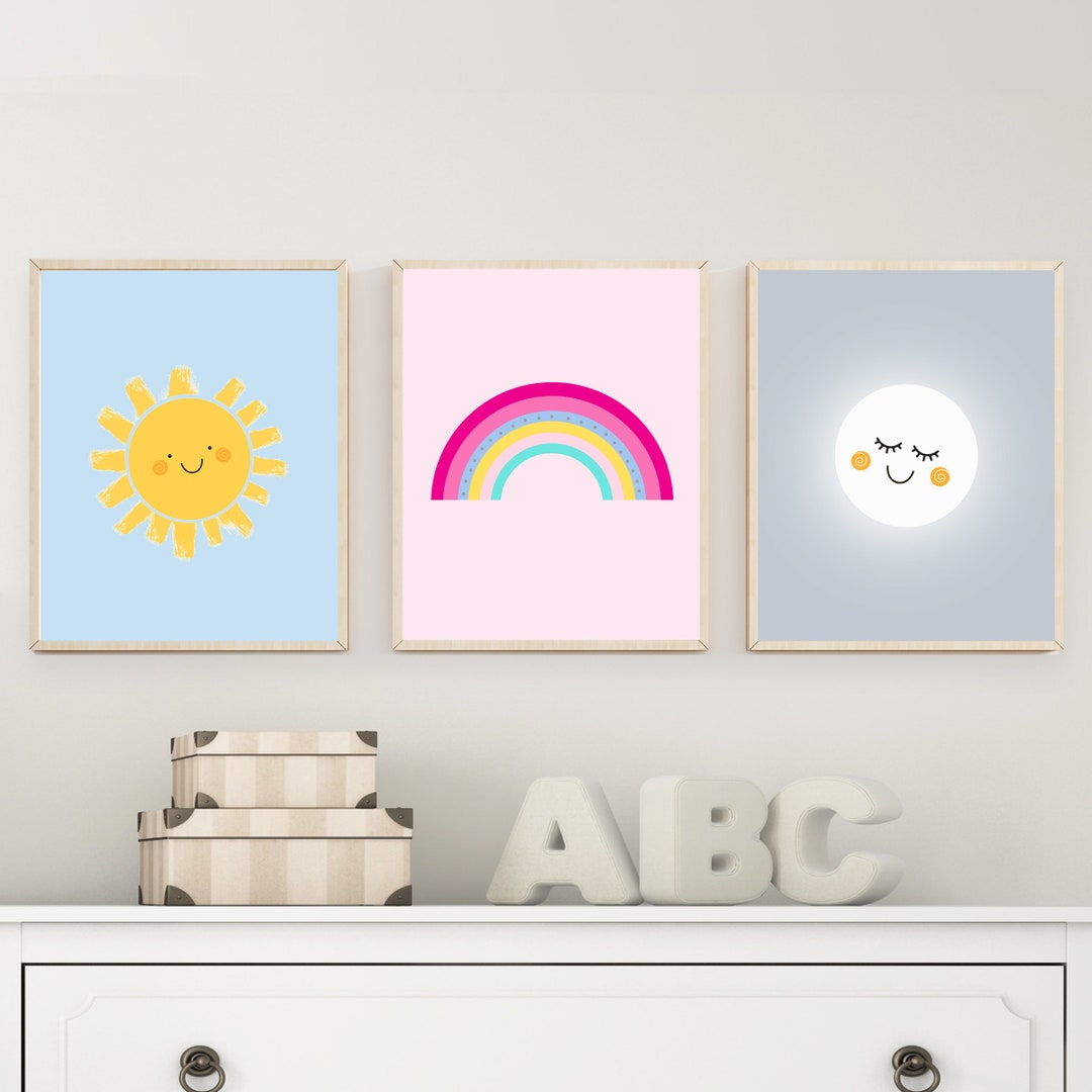 Nursery Wall Art Set, Sun Nursery Print, Rainbow Nursery Print, Moon ...