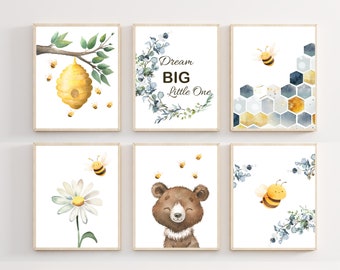 Bear and Bee nursery prints - Bee nursery wall art - Blue and Yellow nursery - Honey Bee nursery - Bumble Bee decor - Bear nursery decor