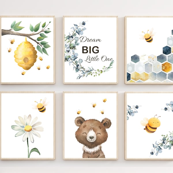 Bear and Bee nursery prints - Bee nursery wall art - Blue and Yellow nursery - Honey Bee nursery - Bumble Bee decor - Bear nursery decor