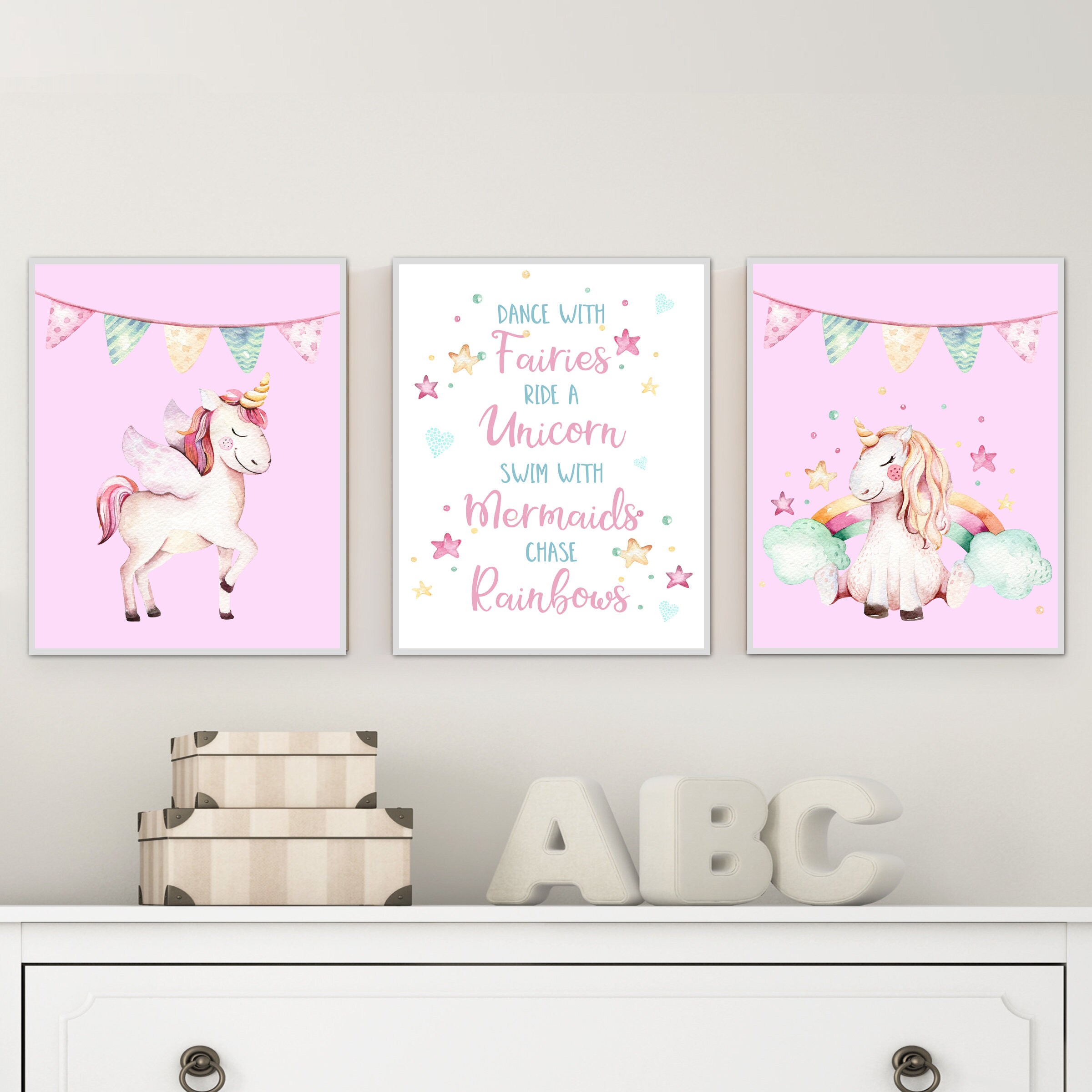 unicorn printable wall art unicorn print set girls room etsy